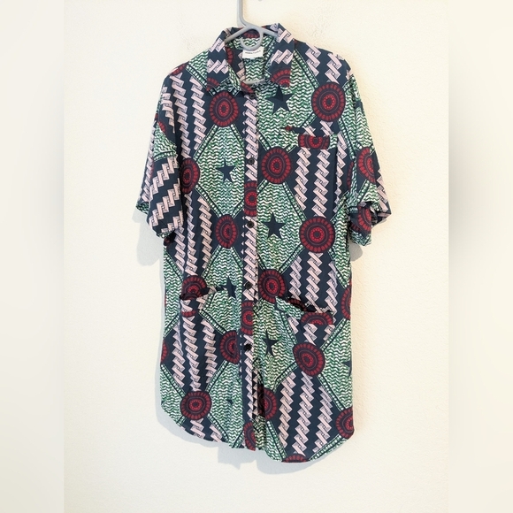 Bimba Y Lola Green Patterned Cotton Short Sleeve Button-Up Shirt Dress Artsy - Picture 6 of 12